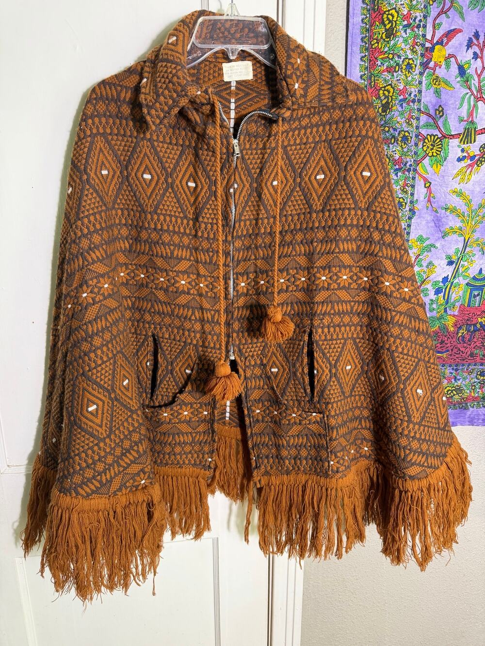 Woven Boho Jacket Brown Geometric Fringe Tassel Zip Folk Coat
